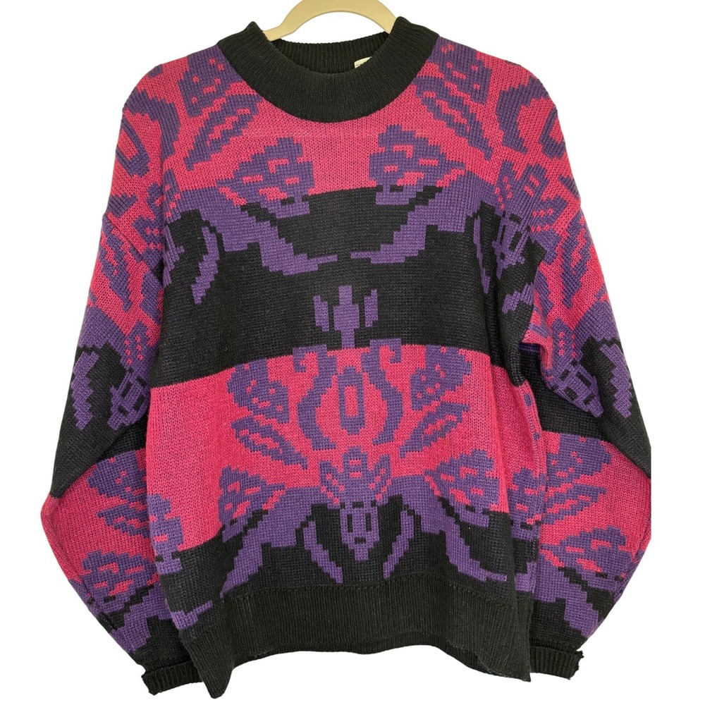 Vintage 80s Geometric Sweater Mens M Pink Purple Black Cosby Grandpa Korea